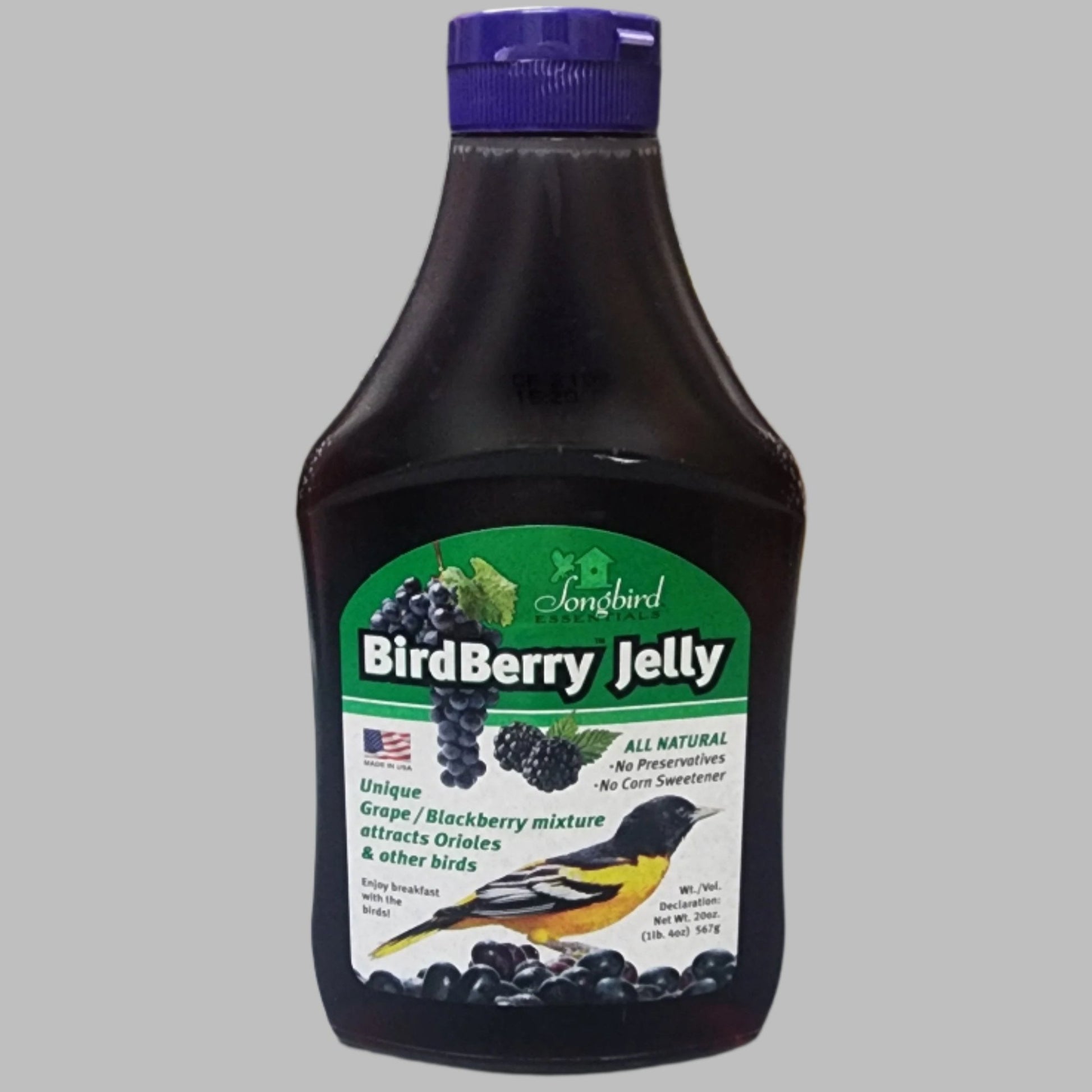 plastic squeeze tube of jelly with purple lid and BirdBerry Jelly on label