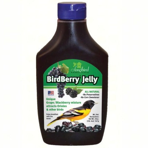 squeeze bottle of BirdBerry Jelly with oriole