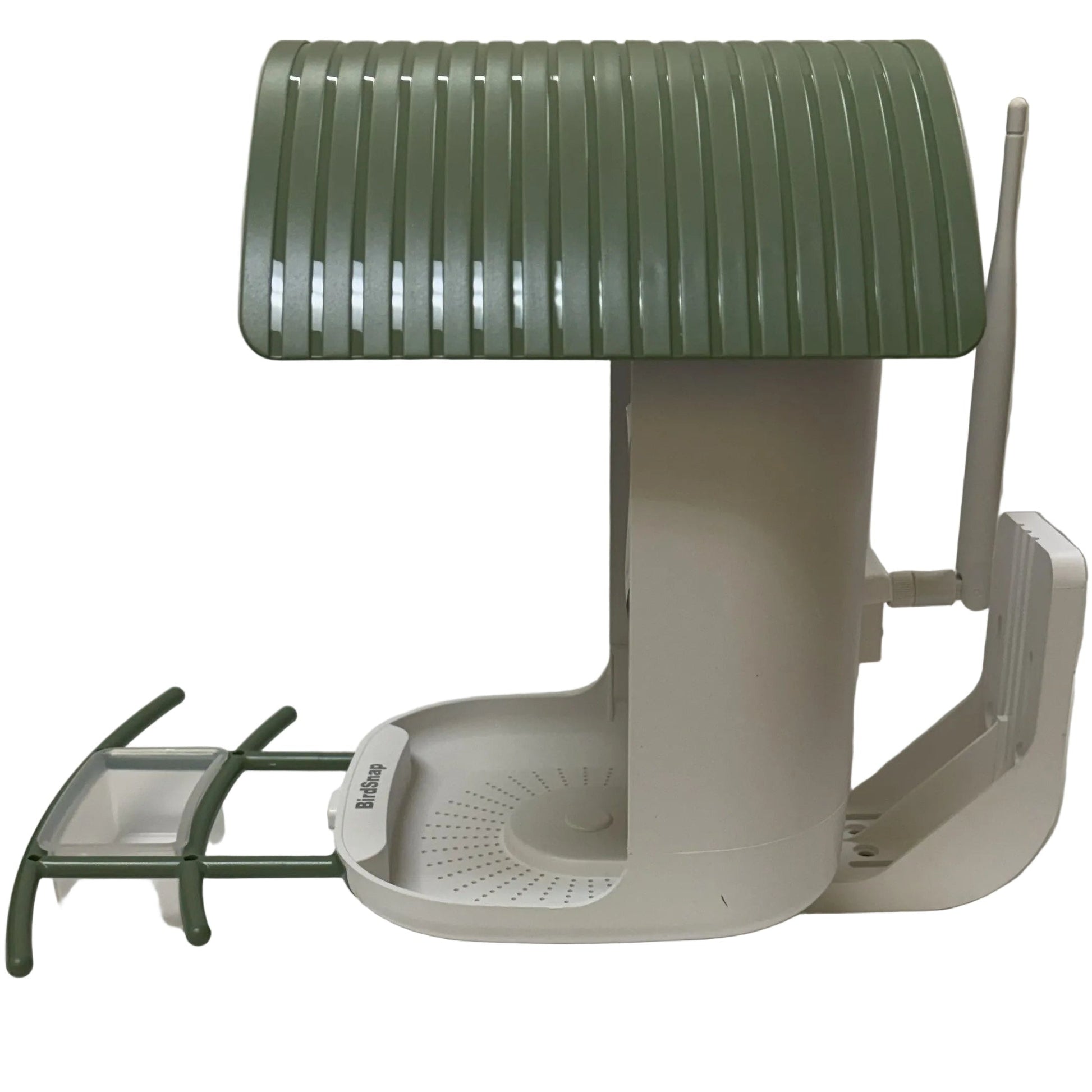 White and green electronic camera bird feeder on a white surface