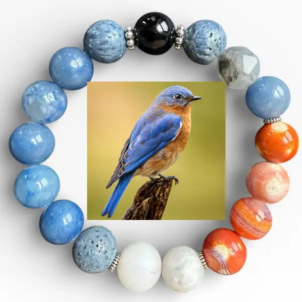 Multicolored beaded bracelet with a photo of a bluebird in the center