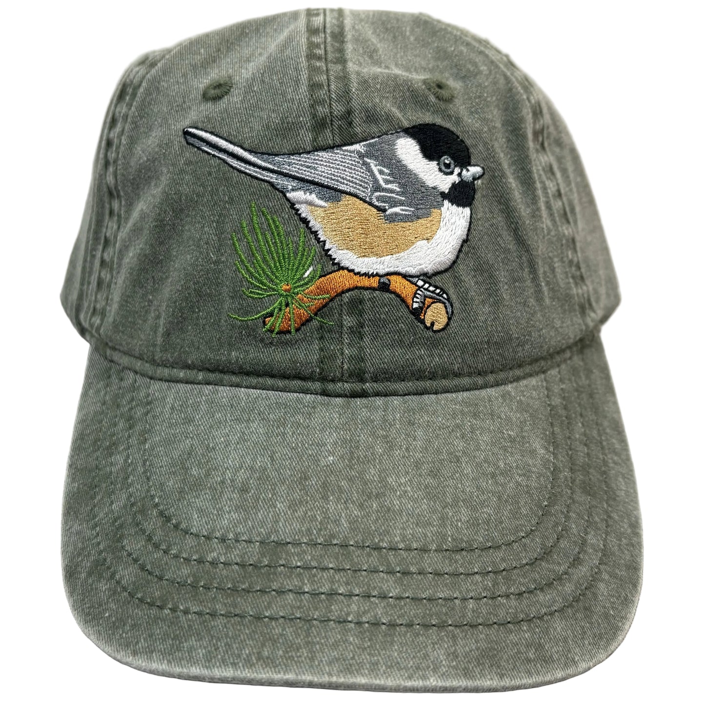 Green Ball Cap with stiched chickadee on pine branch