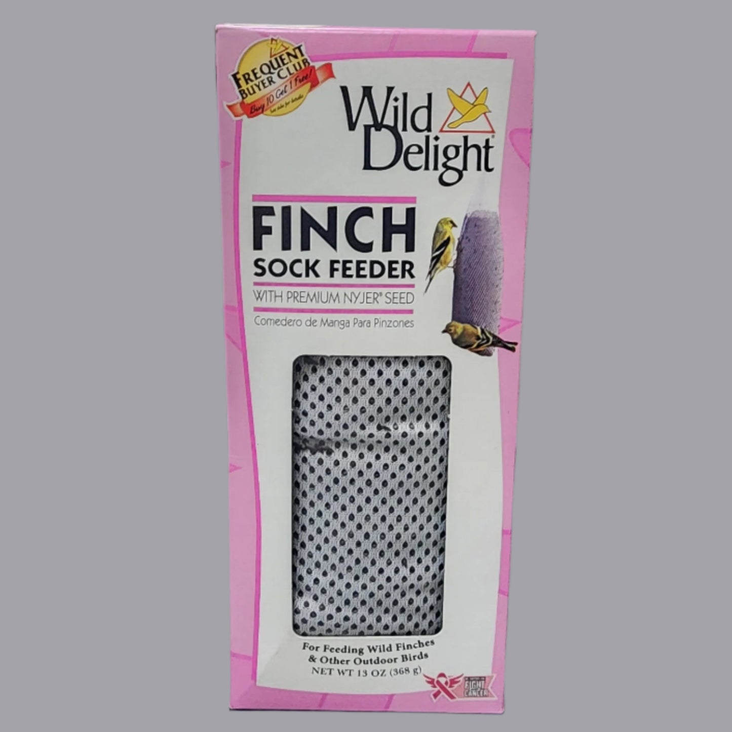 Pink and white box with Wild Delight Finch Sock Feeder