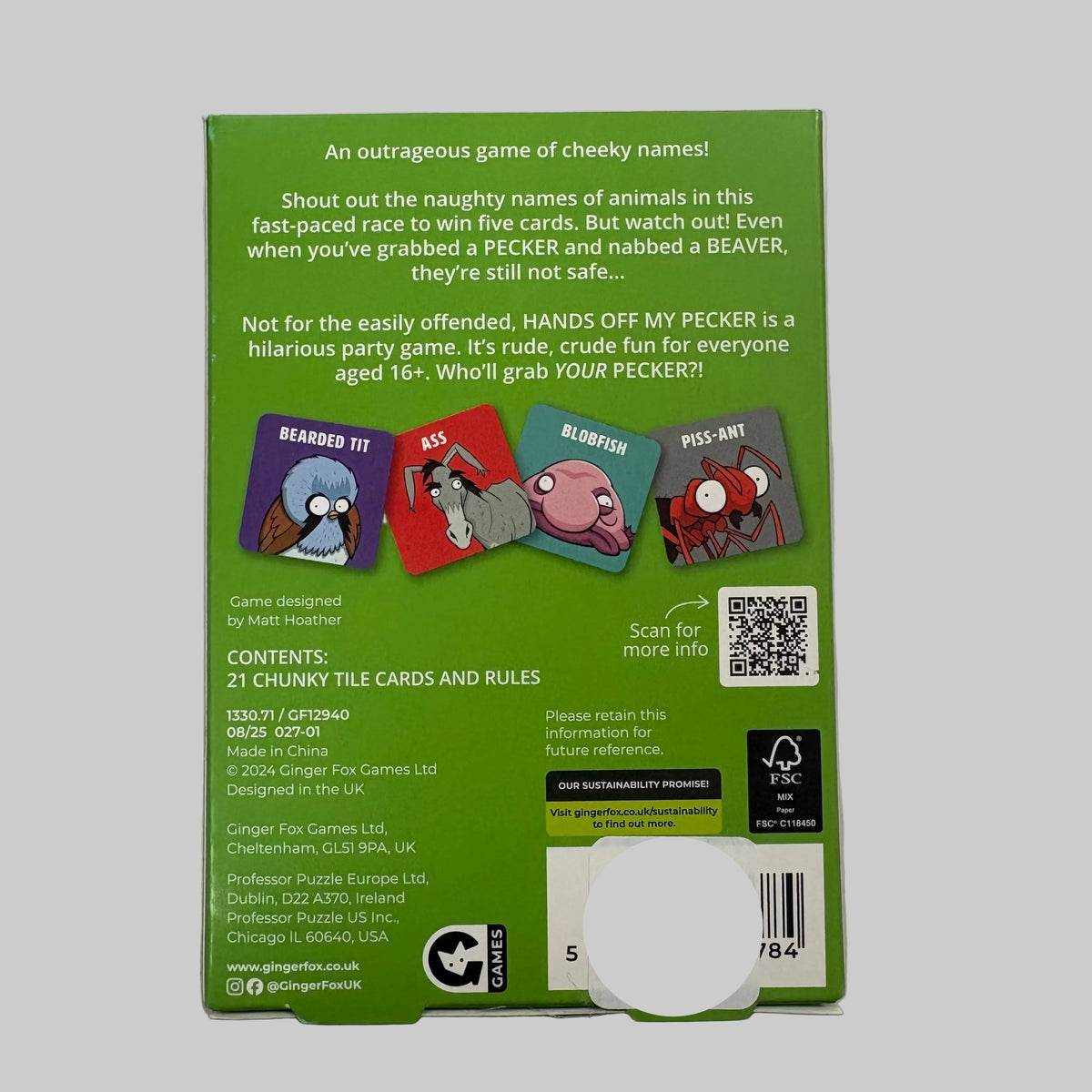 The back cover of the 'Hands Off My Pecker' card game box, featuring a green background with white text, colorful illustrations of cartoon cards, and pricing/barcode information.