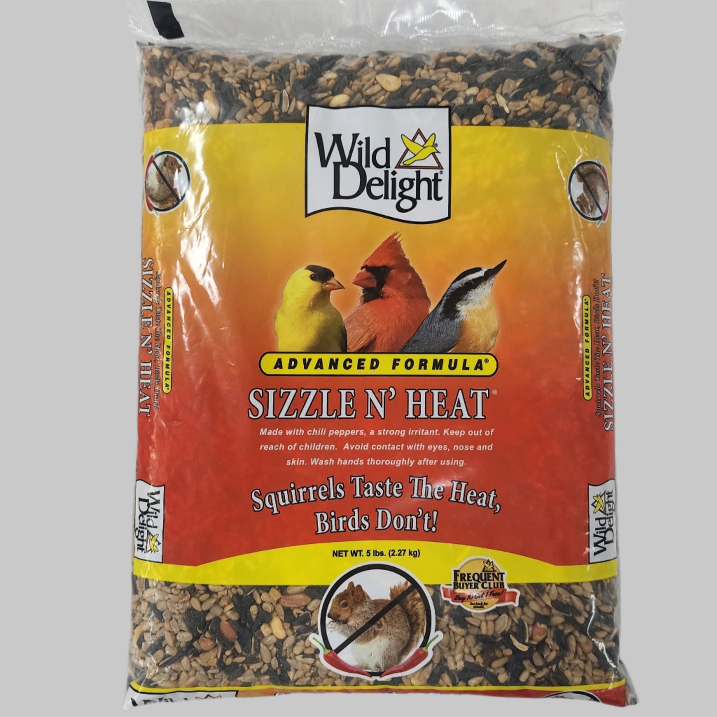 Bag of bird seed with Sizzle N' Heat on yellow and red bag