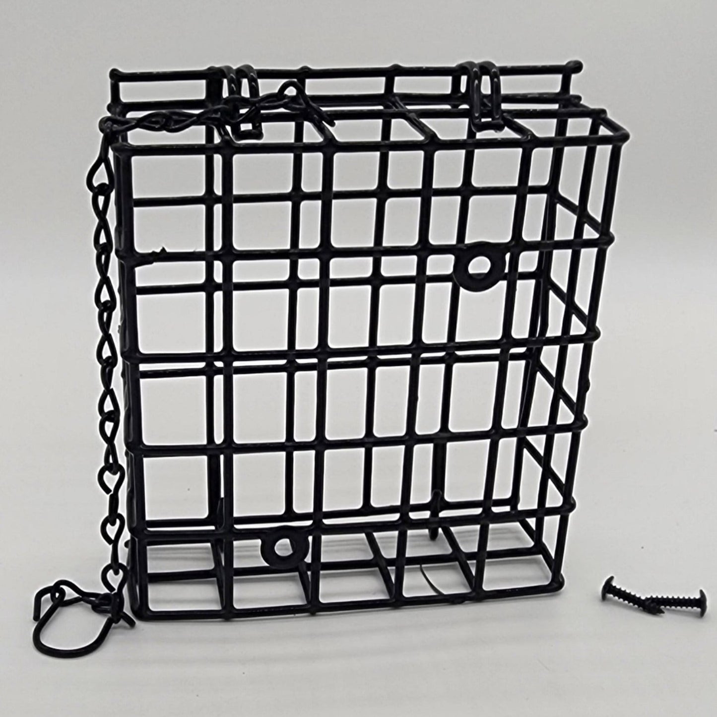 Black wire suet cage with hanger and screws