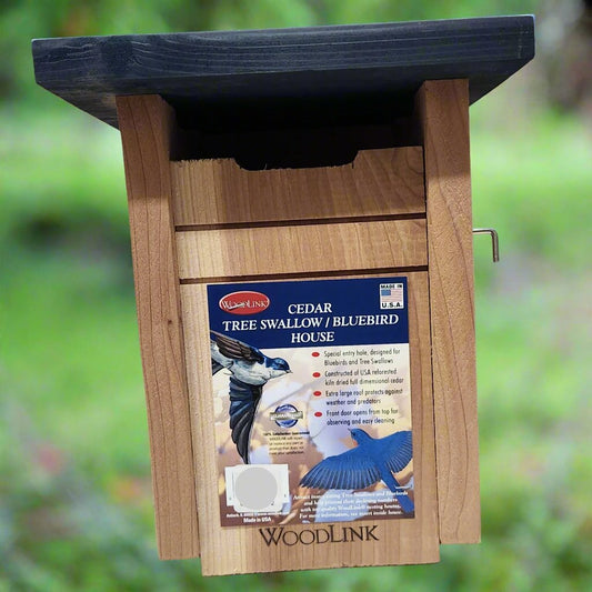 cedar bird house with blue roof