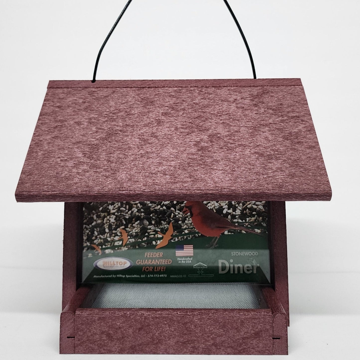 Cherry colored bird feeder with silver screen base