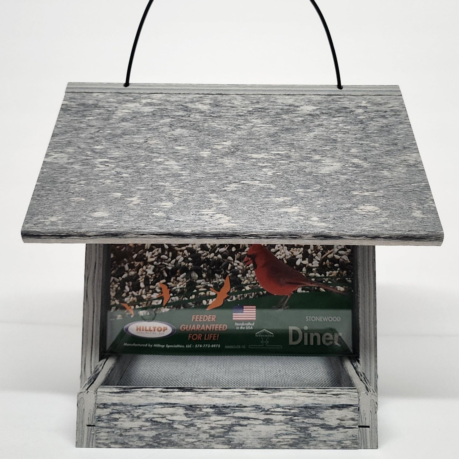 marbled gray colored bird feeder with silver screen base