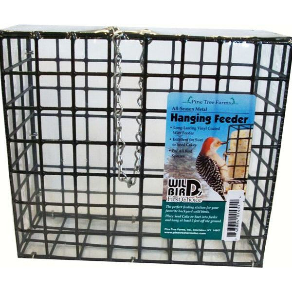 Black-coated wire cage with chain hanger