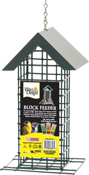 Green wire seed block feeder with roof