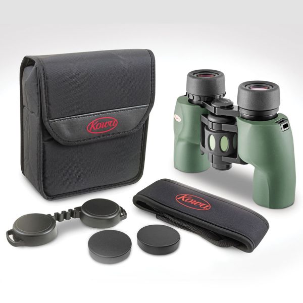 Green and black binoculars with black case, strap and eye cups
