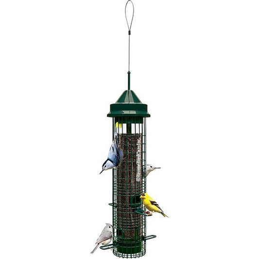 Squirrel Buster® Classic with a Nuthatch, a Goldfinch, and two Titmice